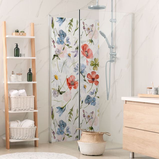 Panele ścienne do łazienki pod prysznic Watercolour Poppy With Cloverleaf