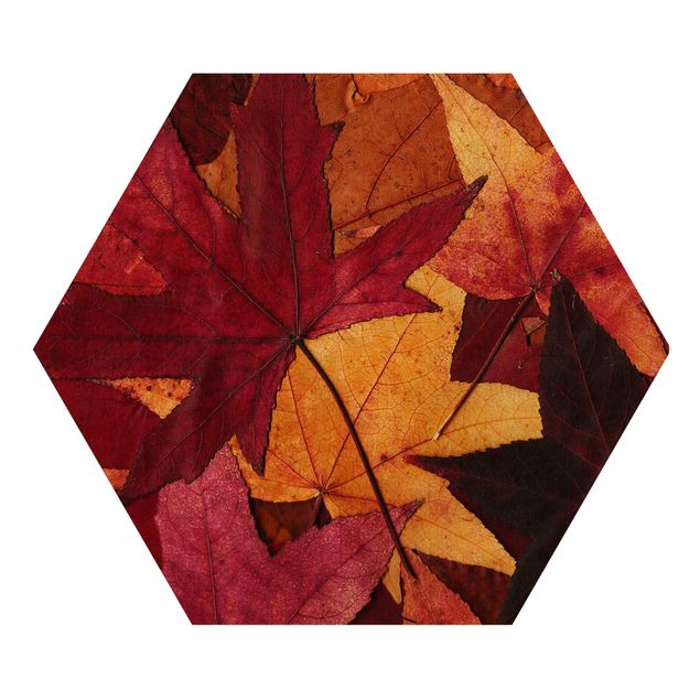 Obraz heksagonalny z drewna - Kolorowe liście