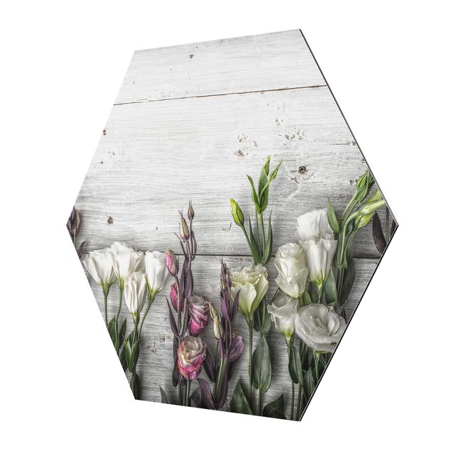 Obraz heksagonalny z Alu-Dibond - Tulipanowa róża Shabby Wood Look
