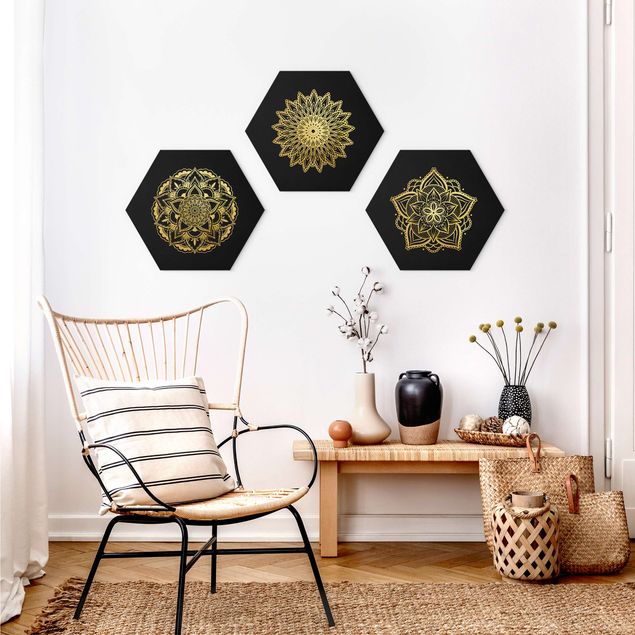Obraz heksagonalny z Forex 3-częściowy - Zestaw ilustracji Mandala Flower Sun Czarne złoto