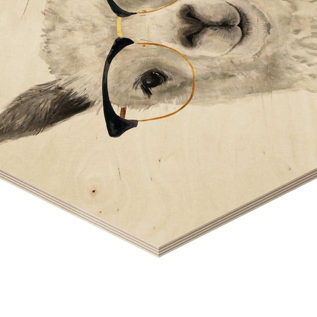 Obraz heksagonalny z drewna - Hippy Llama w okularach I