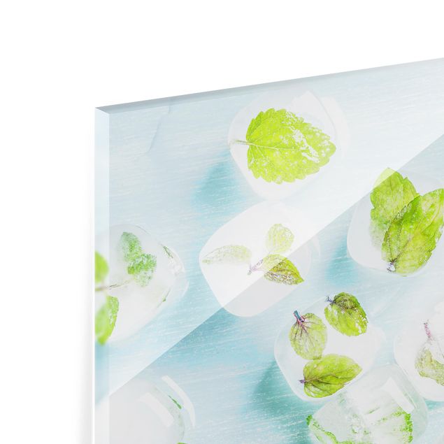 Panel szklany do kuchni - Kostki lodu z listkami mięty