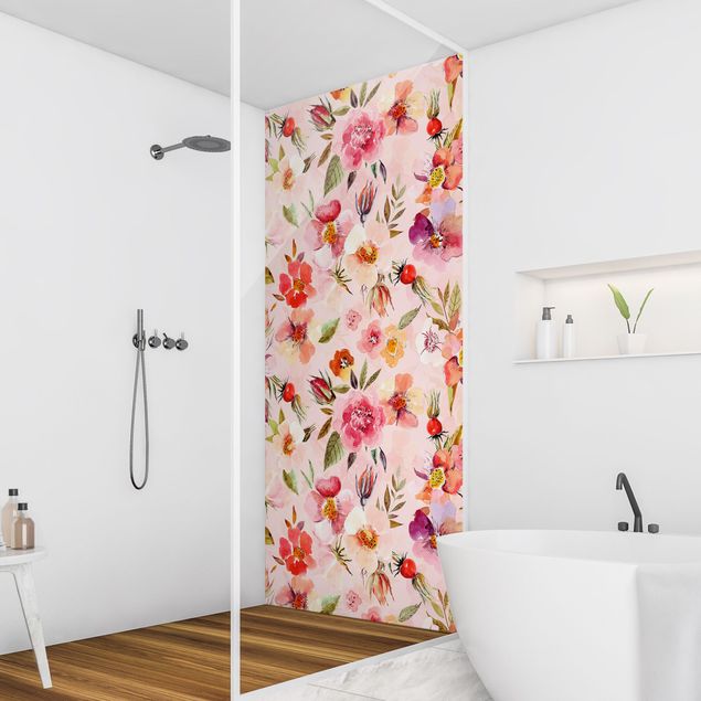 Panele ścienne do łazienki Watercolour Flowers On Light Pink