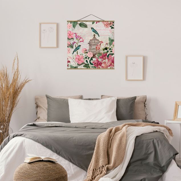 Obrazy do salonu nowoczesne Kolaż w stylu shabby chic - różowe kwiaty i niebieskie ptaki