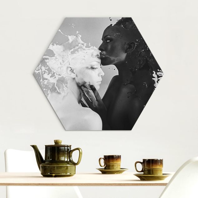 Obraz heksagonalny z Alu-Dibond - Mleko i kawa pocałunek czarno-biały