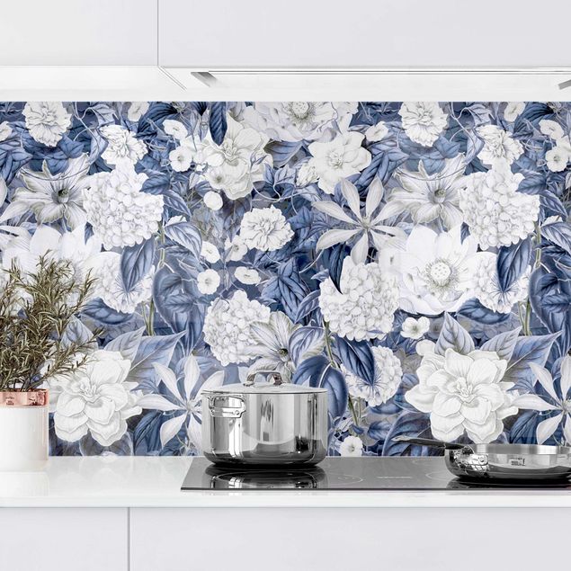 Dekoracja do kuchni Białe kwiaty na tle niebieskiego II