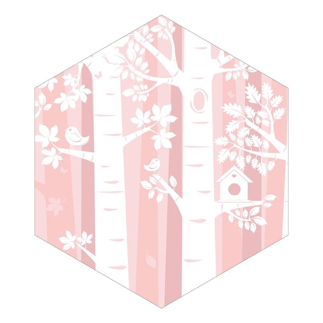 Sześciokątna tapeta samoprzylepna - Drzewa w lesie różowe