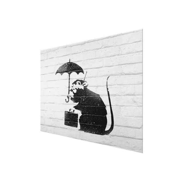 Obrazy na szkle czarno białe Rat With Umbrella - Brandalised ft. Graffiti by Banksy