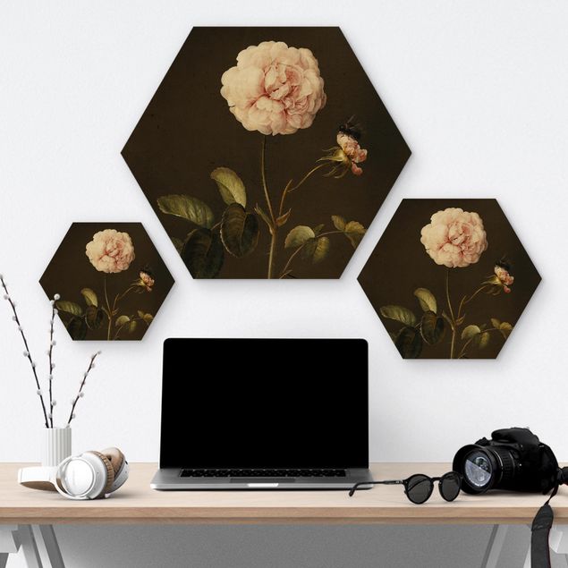 Obraz heksagonalny z drewna - Barbara Regina Dietzsch - French Rose with Bumblebee