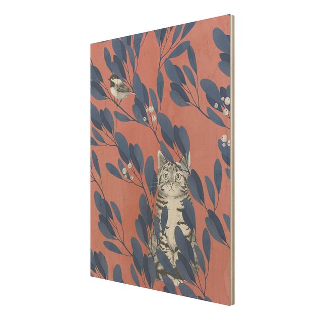 Laura Graves Art obrazy Ilustracja przedstawiająca kota i ptaka na gałęzi Niebieskoczerwony