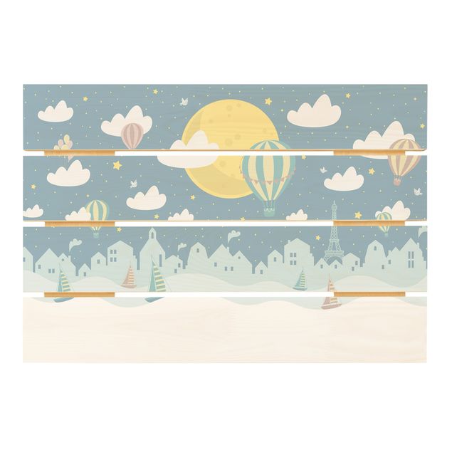 Obraz z drewna - Paryż z gwiazdami i balonem na ogrzane powietrze