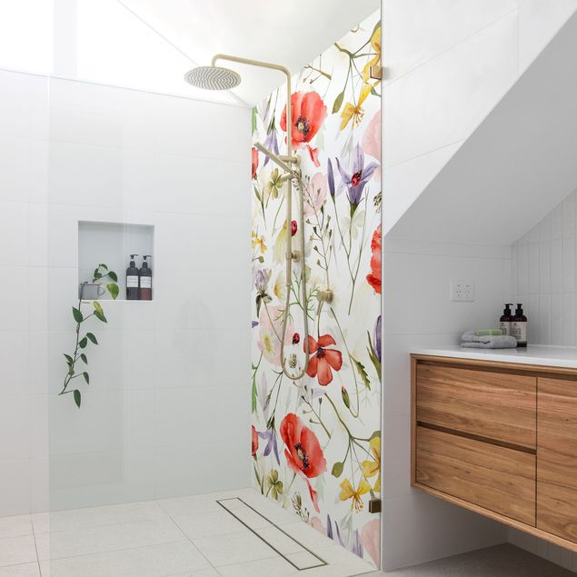 Panele ścienne do łazienki Ladybird With Poppies In Watercolour