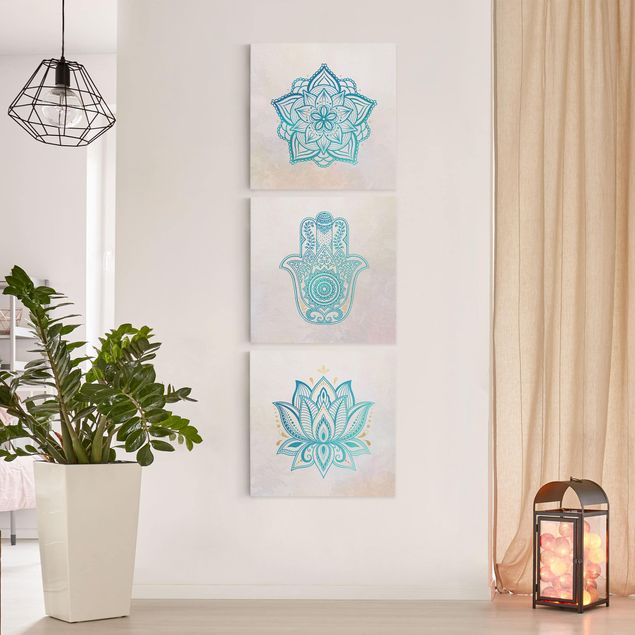 Obrazy duchowość Mandala Hamsa Hand Lotus Set złoty niebieski