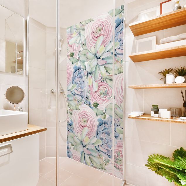 Panele ścienne do łazienki pod prysznic Watercolour Succulents And Ranunculus Pattern