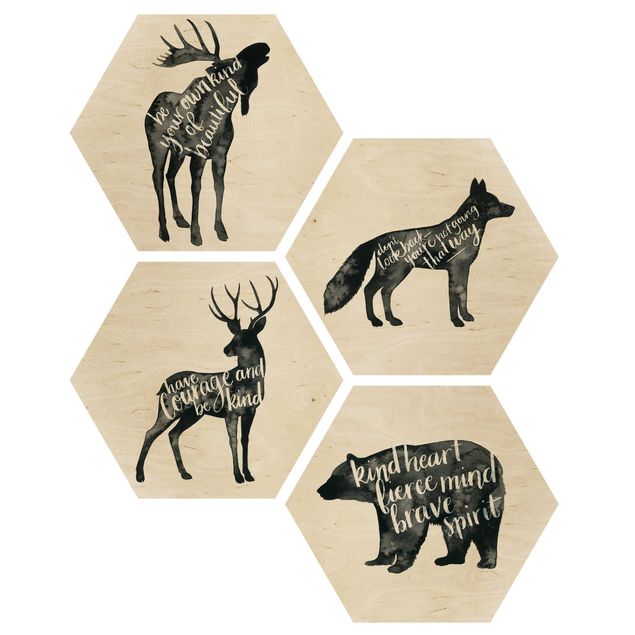 Obraz heksagonalny z drewna 4-częściowy - Zwierzęta z mądrością Zestaw I