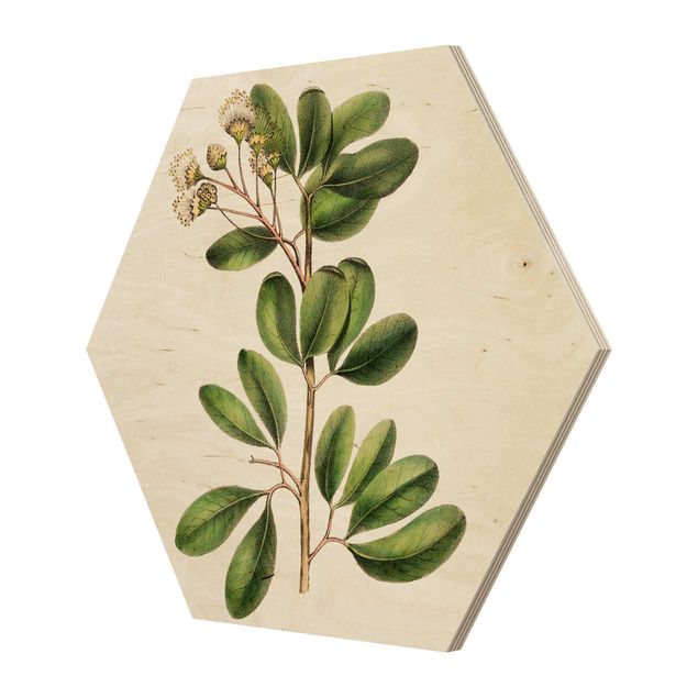 Obraz heksagonalny z drewna - Liście z kwiatami III