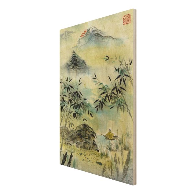 Obrazy z drewna Japoński rysunek akwarelą Las bambusowy