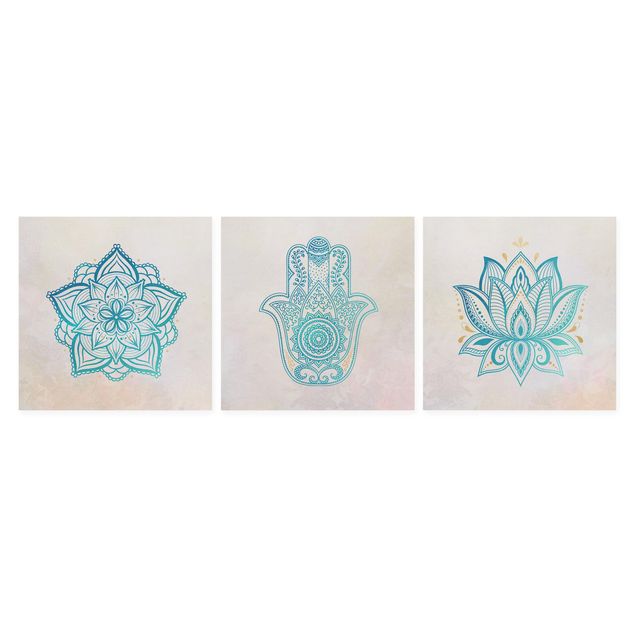 Turkusowy obraz Mandala Hamsa Hand Lotus Set złoty niebieski