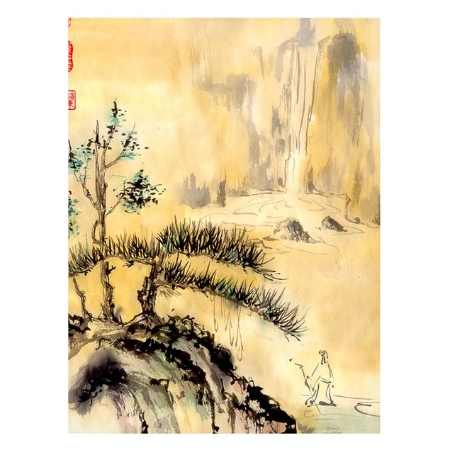 Nowoczesne obrazy do salonu Japońska akwarela Rysowanie cedrów i gór