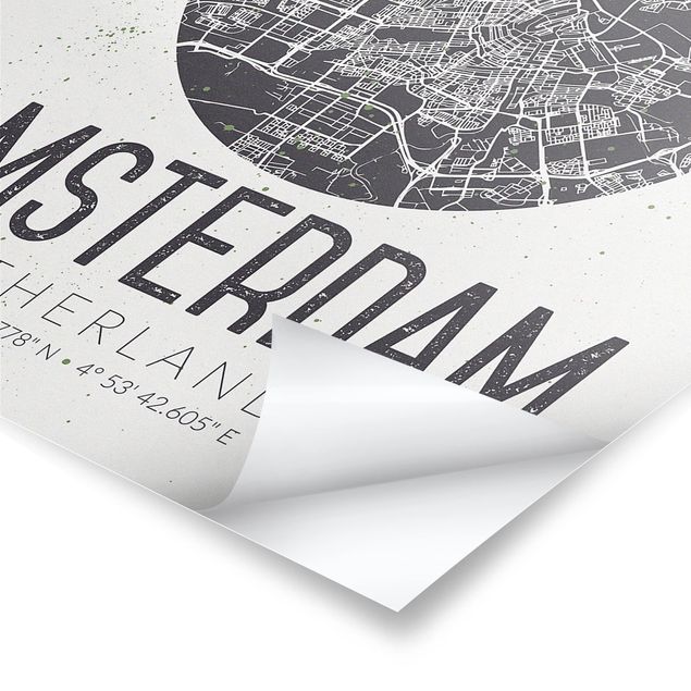 Plakaty czarno białe Mapa miasta Amsterdam - Retro