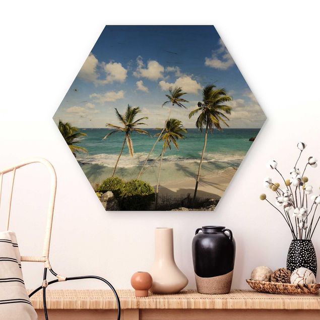 Obraz heksagonalny z drewna - Plaża na Barbadosie