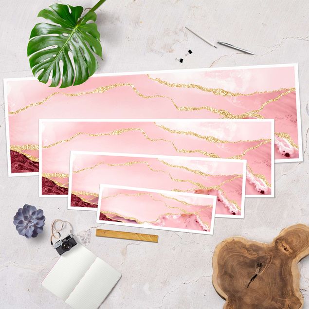 Uta Naumann obrazy Abstrakcyjne góry w kolorze różowym ze złotymi liniami