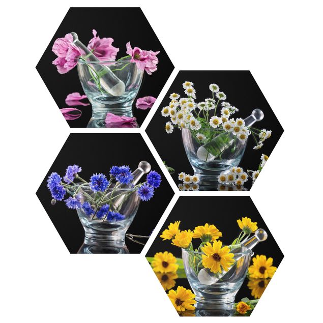 Obraz heksagonalny z Forex 4-częściowy - Kwiaty w moździerzu