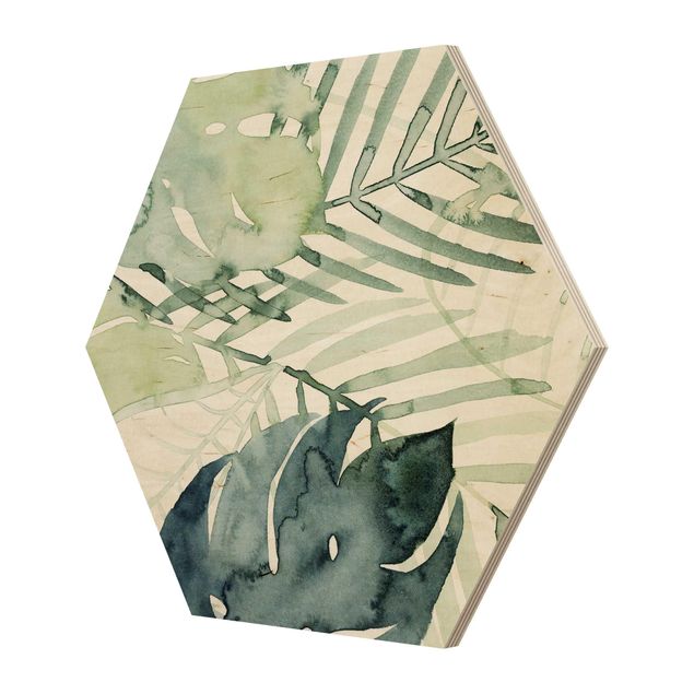 Obraz heksagonalny z drewna - Akwarelowy liść palmy I