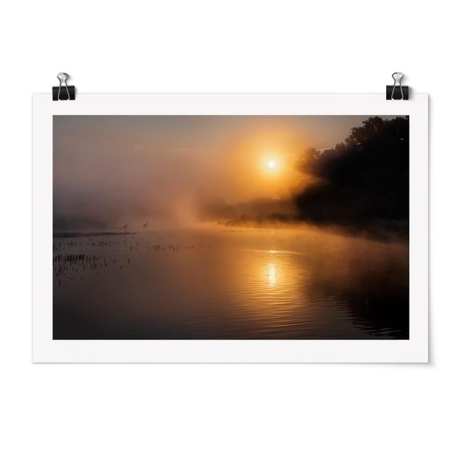 Obrazy na ścianę krajobrazy Wschód słońca nad jeziorem z jeleniami we mgle