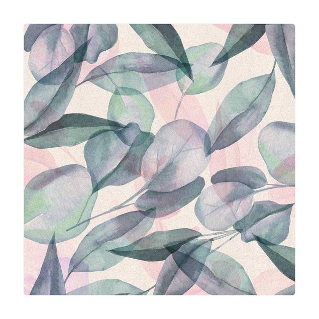 Mata korkowa - Niebieskie i różowe liście eukaliptusa akwarelowe