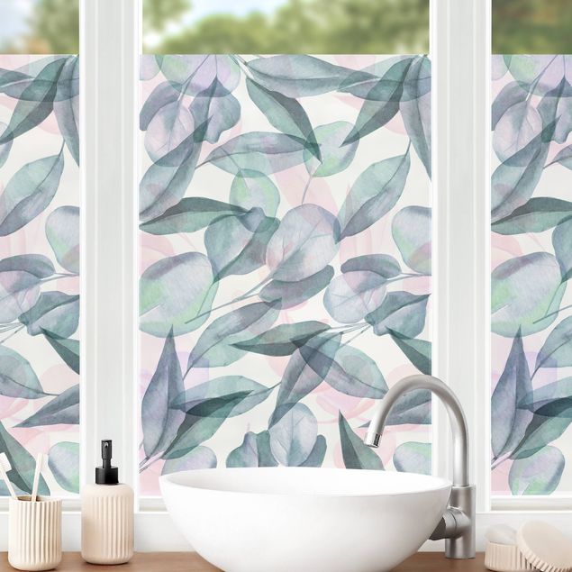 Folia okienna do sypialni Niebieski i różowy eukaliptus akwarela liście
