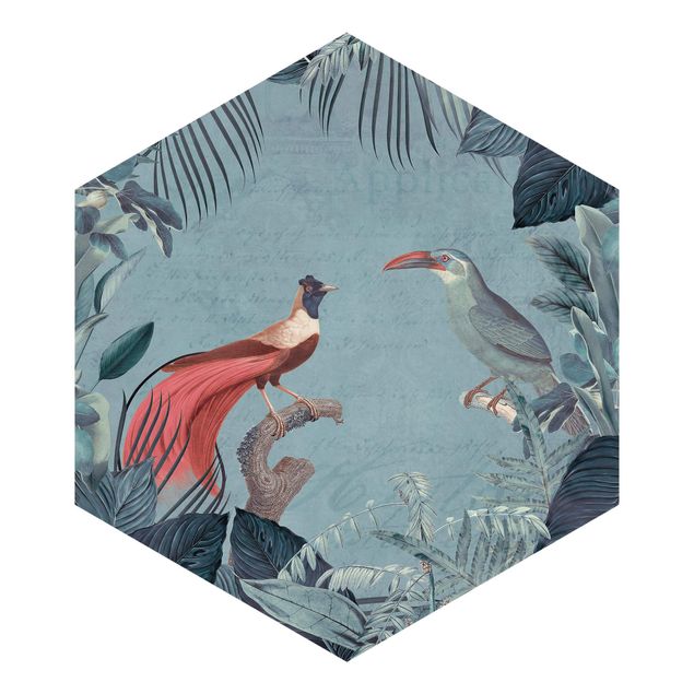 Tapeta ścienna Błękitnoszary raj z tropikalnymi ptakami