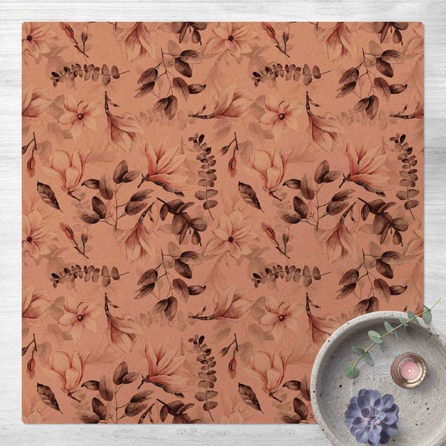 nowoczesny dywan Kwiaty z szarymi liśćmi na tle różu