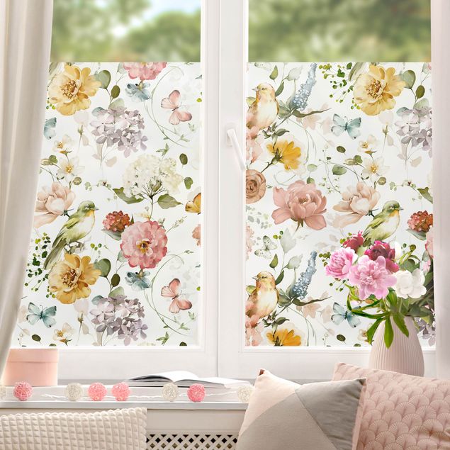 Folia okienna do sypialni Kwiaty z ptasim wzorem
