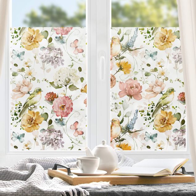 Folia okienna do salonu Kwiaty z ptasim wzorem