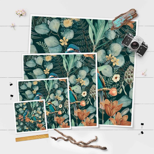 Obrazy motywy kwiatowe Kwiatowy raj Zimorodek i koliber