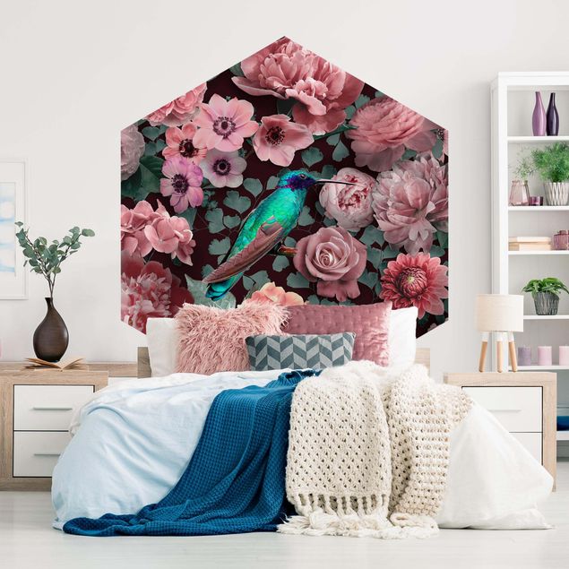 Tapeta różowa Kwiatowy raj Koliber z różami