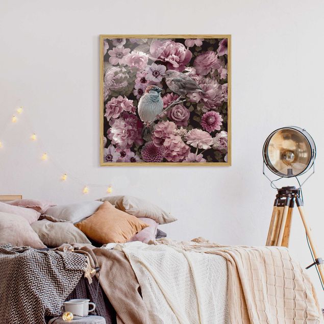 Obrazy w ramie do łazienki Kwiatowy raj wróbli w kolorze starego różu