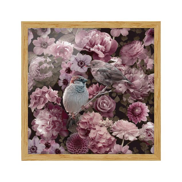 Obrazy w ramie do kuchni Kwiatowy raj wróbli w kolorze starego różu