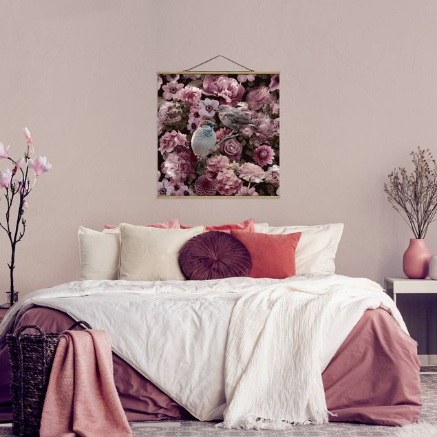 Obrazy do salonu Kwiatowy raj wróbli w kolorze starego różu