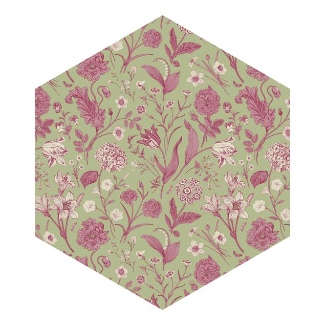 Sześciokątna tapeta samoprzylepna - Taniec kwiatów w pastelowej miętowej zieleni i różu