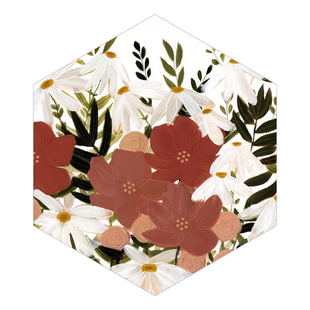 Sześciokątna tapeta samoprzylepna - Odmiana kwiatu w kolorach różowym i białym II