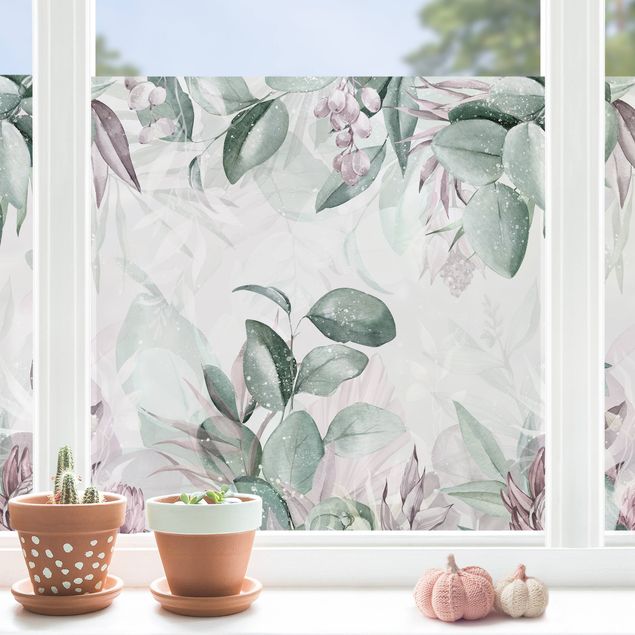 Folia okienna do sypialni Rośliny w pastelowej zieleni i różu