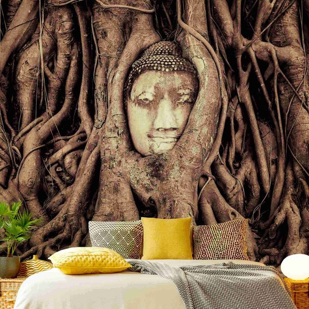 Tapety na ściany Budda w Ayutthaya otoczony korzeniami drzew w kolorze brązowym