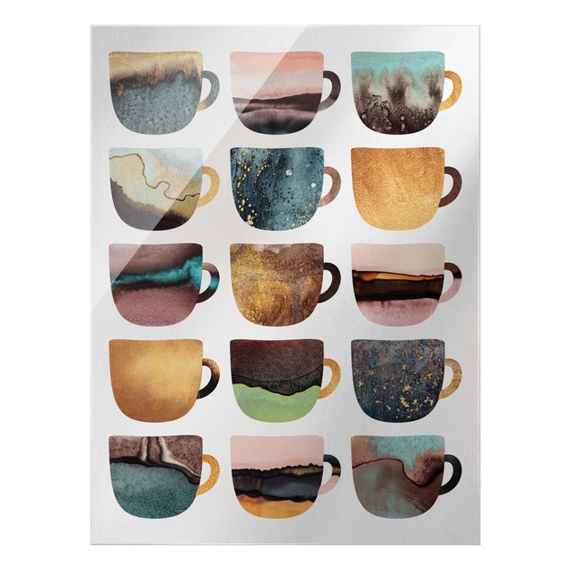 Obrazy artystów Kolorowe filiżanki do kawy w kolorze złotym