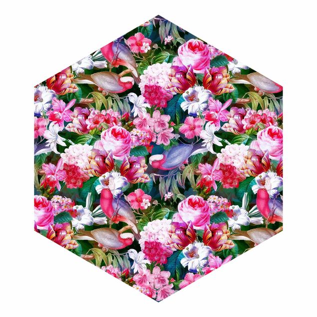 Tapety Kolorowe kwiaty tropikalne z ptakami Różowy