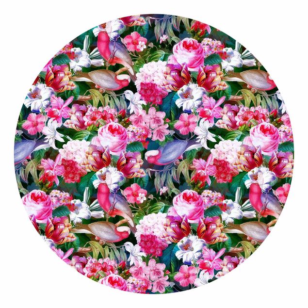 Tapeta w kwiaty Kolorowe kwiaty tropikalne z ptakami Różowy