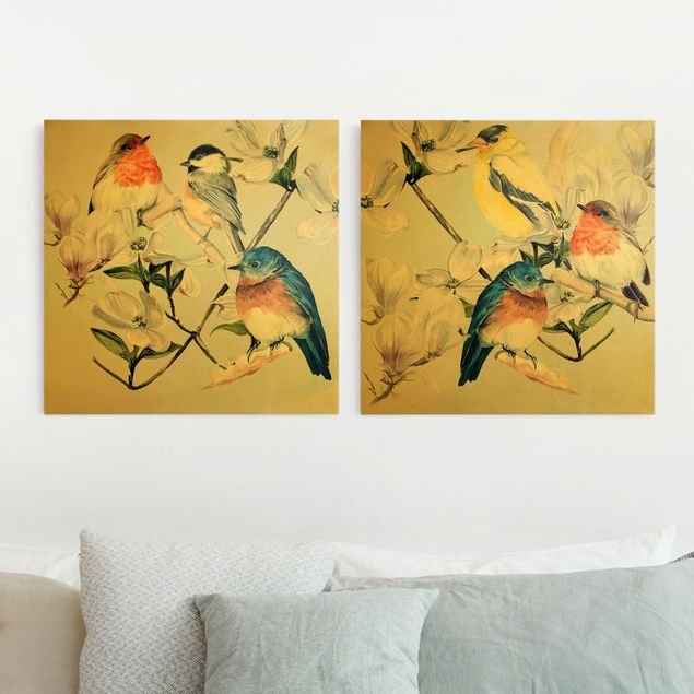 Nowoczesne obrazy do salonu Zestaw kolorowych ptaków na gałązce magnolii