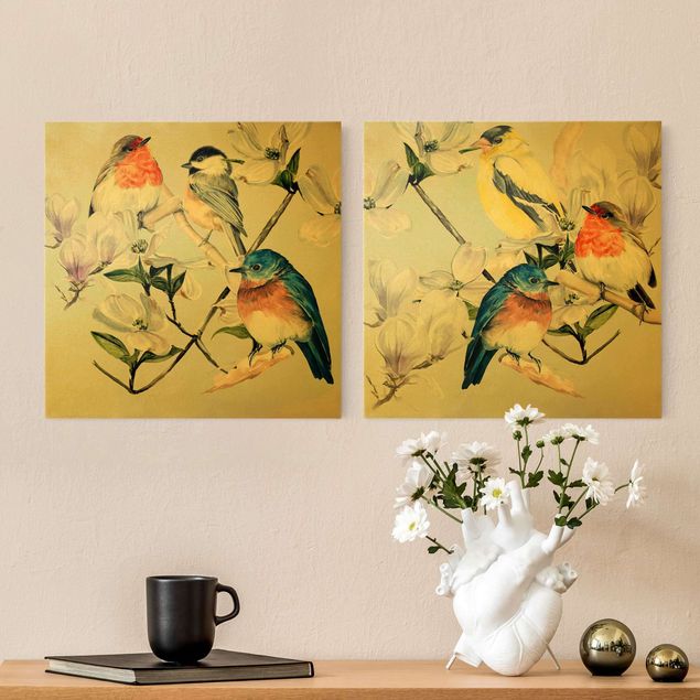 Obrazy na płótnie ptaki Zestaw kolorowych ptaków na gałązce magnolii