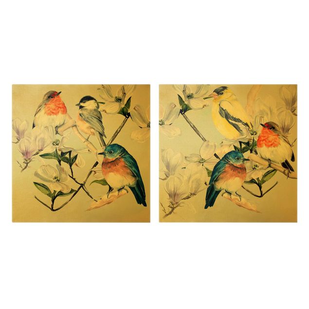 Obrazy kolorowe Zestaw kolorowych ptaków na gałązce magnolii